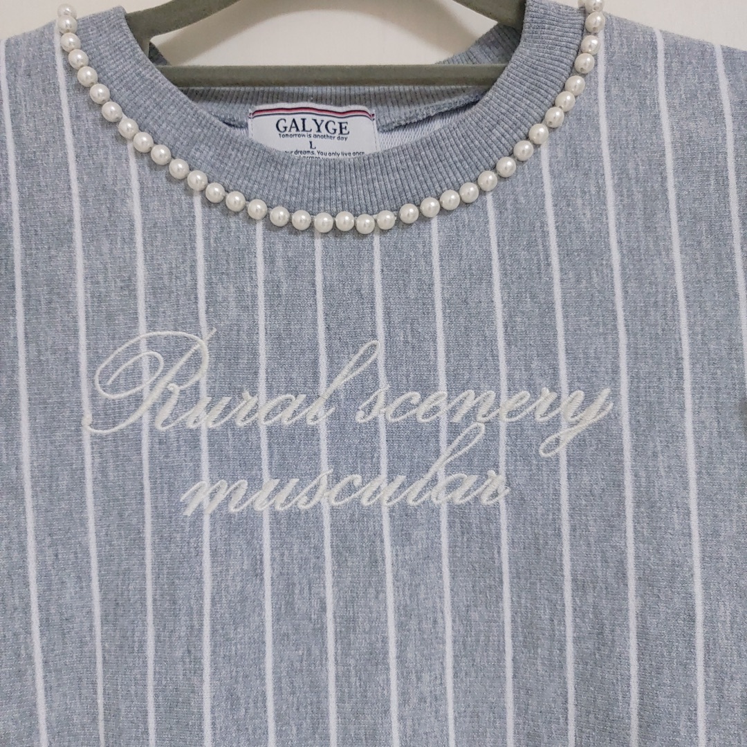シースルー　ストライプ　パール　ハイネック　グレー　灰色　フリル　カジュアル レディースのトップス(Tシャツ(長袖/七分))の商品写真