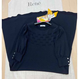 ルネ(René)の最終お値下げ✨ Rene 極美品2021年 プチリボン&パール袖ニットワンピース(ひざ丈ワンピース)