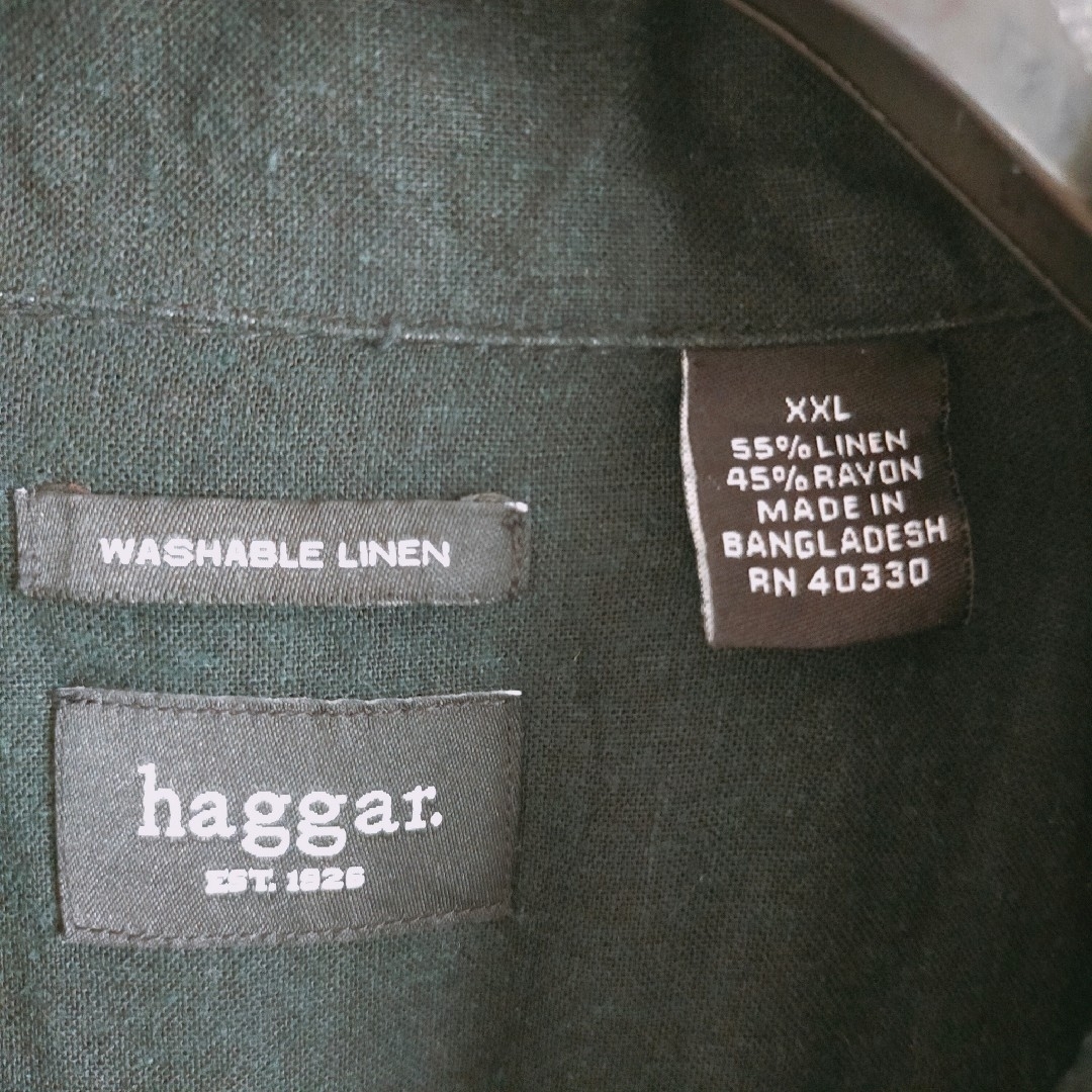 haggar ハガー　半袖　ラインシャツ　ブラック　刺繍デザイン　リネン　2XL