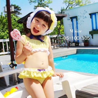 【新品】95~105 水着 女の子 キッズ ビキニ フリル 帽子付き 3点セット(水着)