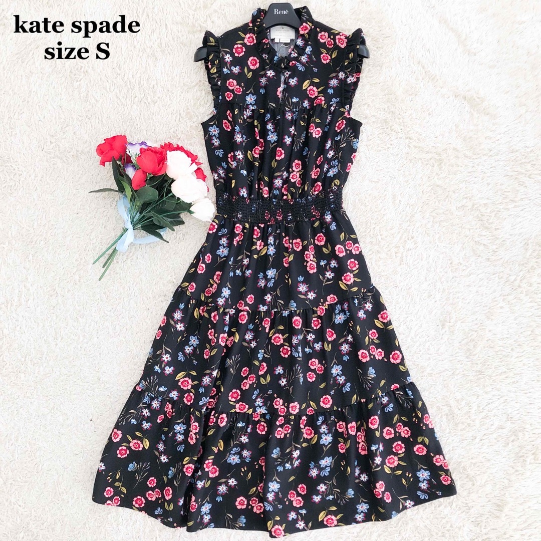 kate spade フラワー プリント ティアードワンピース ブラック