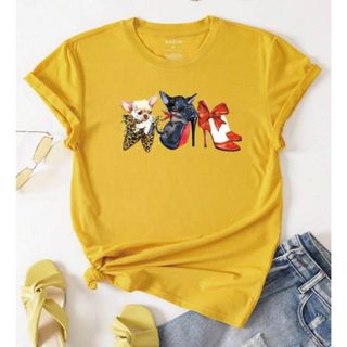 半袖Tシャツ　チワワ柄　犬柄　小型犬　イエロー　XLサイズ(Tシャツ(半袖/袖なし))