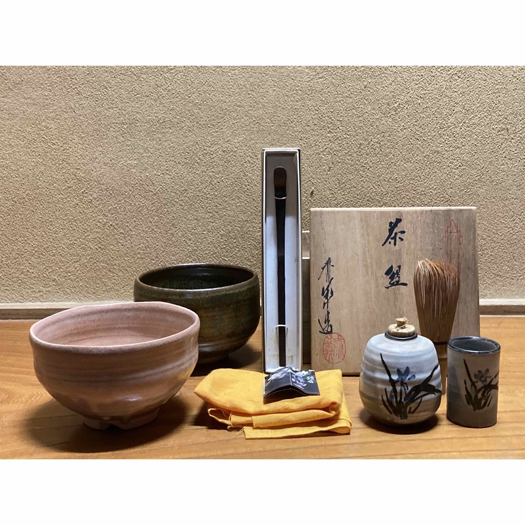 一ノ瀬焼き 萩焼 志野焼 抹茶茶碗 振出 茶巾筒 桜皮細工 茶杓 茶筅 茶道具