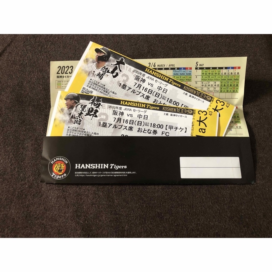 7/16(土)阪神タイガース 甲子園 阪神vs中日 1塁アルプスペアチケット