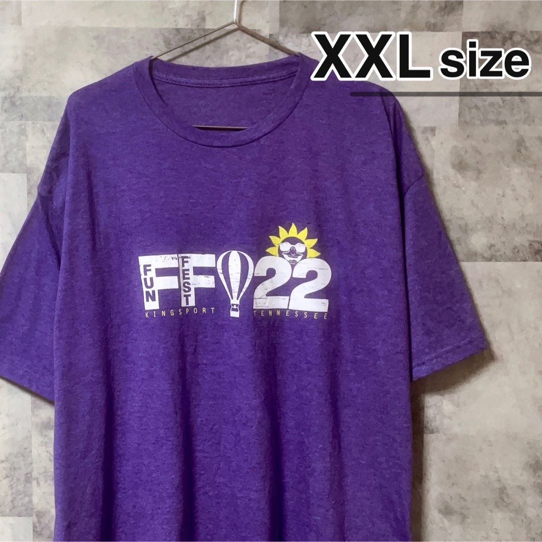 Tシャツ　XXLサイズ　パープル　紫　プリント　フェス　ロゴ　太陽USA古着 メンズのトップス(Tシャツ/カットソー(半袖/袖なし))の商品写真