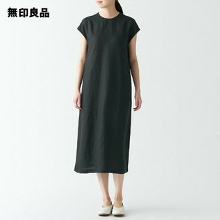 ムジルシリョウヒン(MUJI (無印良品))の（新品）  無印良品ヘンプ洗いざらしフレンチスリーブワンピース／黒／Ｍ(ひざ丈ワンピース)