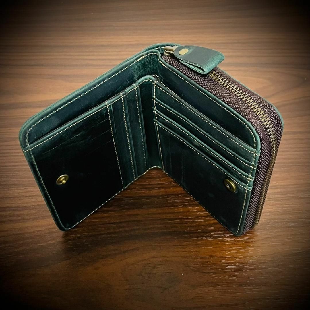 イタリアンレザー ヌバック 折財布 二つ折り 本革 牛革 経年変化 グリーン 緑 メンズのファッション小物(折り財布)の商品写真