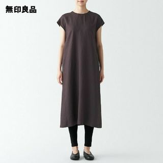 ムジルシリョウヒン(MUJI (無印良品))の●新品●  無印良品ヘンプ洗いざらしフレンチスリーブワンピース／ブラウン／XL(ひざ丈ワンピース)