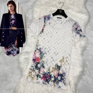 バルマン(BALMAIN)の本物 バルマン 花柄 フラワー 半袖 Tシャツ ミニワンピース チュニック 34(Tシャツ(半袖/袖なし))