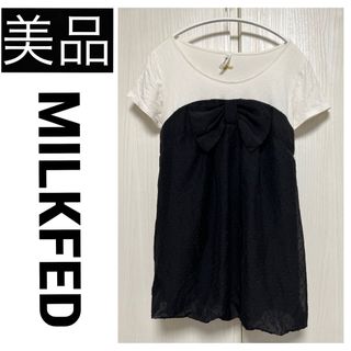 ミルクフェド(MILKFED.)の美品　ミルクフェド 半袖 シャツ ブラウス カットソー リボン ドット ブラック(Tシャツ(半袖/袖なし))