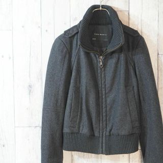 ザラ(ZARA)のZARA BASIC ウールスタンドカラーブルゾンジャケット グレイM(ナイロンジャケット)