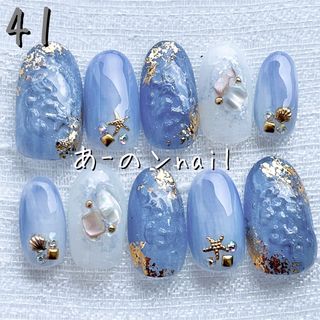 41番☆ネイルチップ ヒトデバブルネイル夏個性派ブルーシェル泡キラキラ金箔個性的(つけ爪/ネイルチップ)