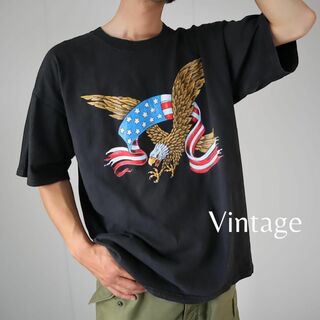 アートヴィンテージ(ART VINTAGE)の【vintage】イーグル 星条旗 BIG プリント ルーズ 黒 Tシャツ XL(Tシャツ/カットソー(半袖/袖なし))