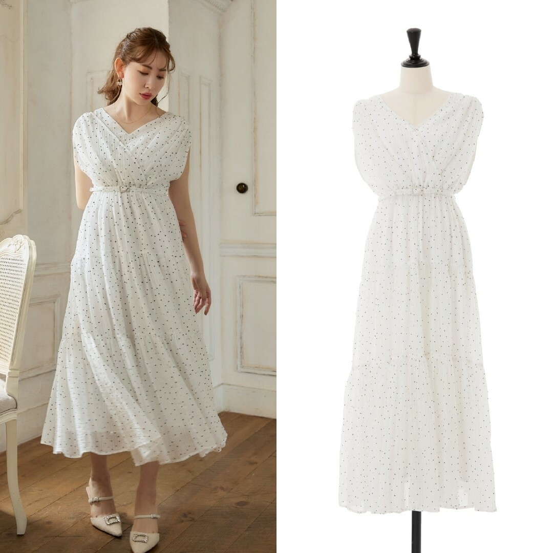 カラーpurewhiteTiered Polka-Dot Long Dress