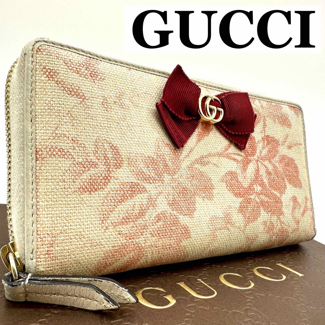 美品】グッチ 長財布 リボン フローラ ggマーモント ラウンド