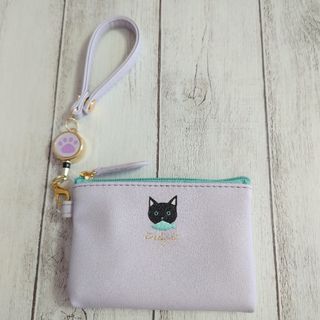 ねこちゃん リール パスケース コ  カード 定期入れ　刺繍　紫 どら猫(名刺入れ/定期入れ)