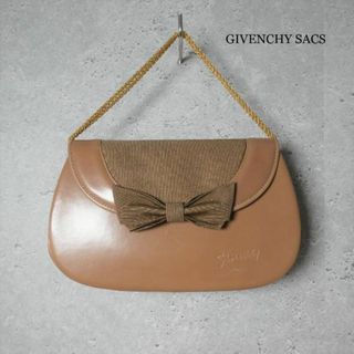 良品 GIVENCHY レザー ロゴ リボン チェーン ハンドバッグ