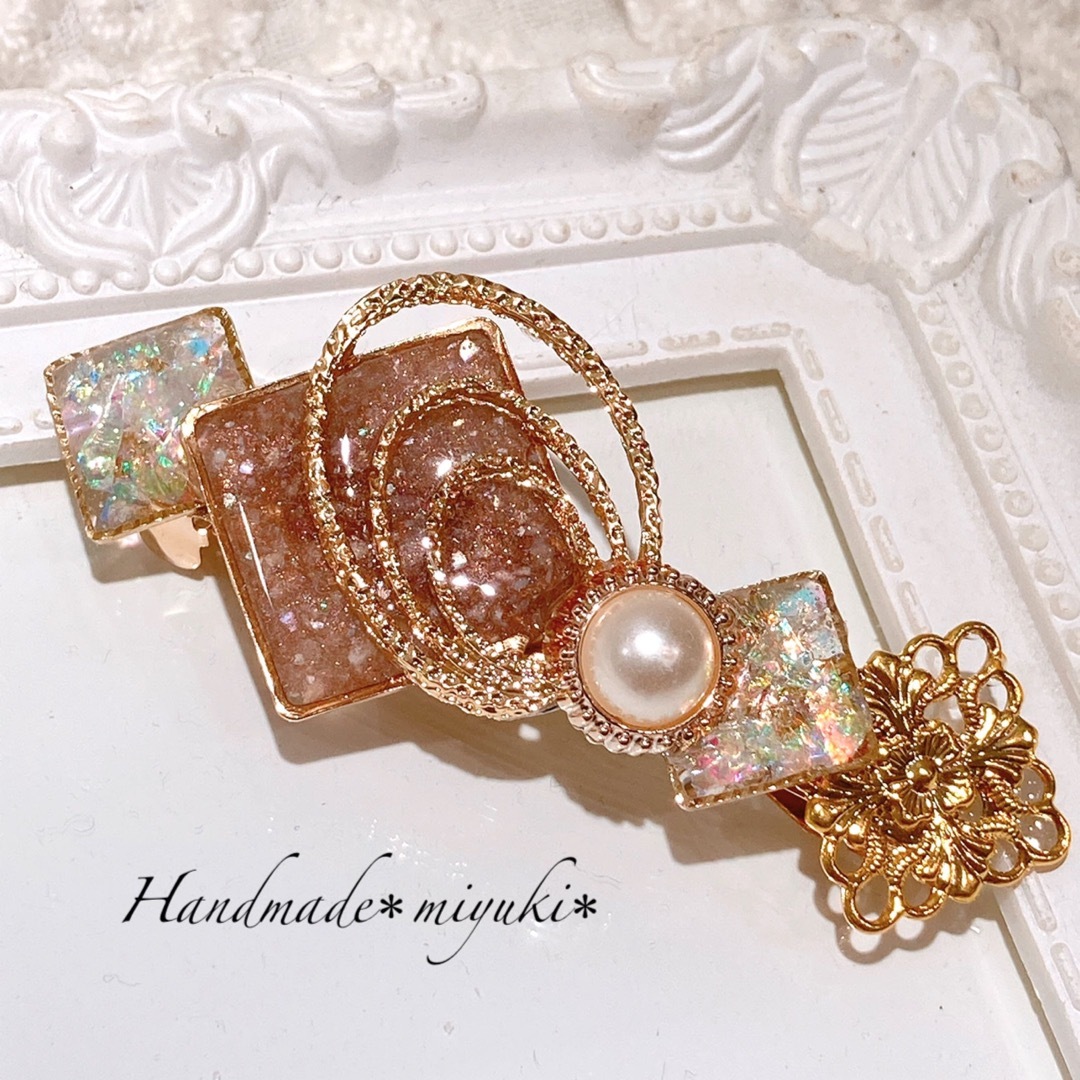 ラメブラウン パールゴールドバレッタの通販 by Handmade*miyuki* ヘアバレッタ ラメ ブラウン