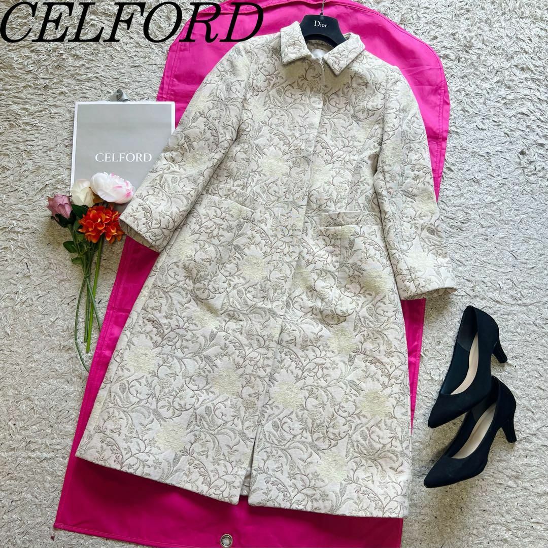 【美品】CELFORD 花柄ロングコート 襟 36 スプリングコート