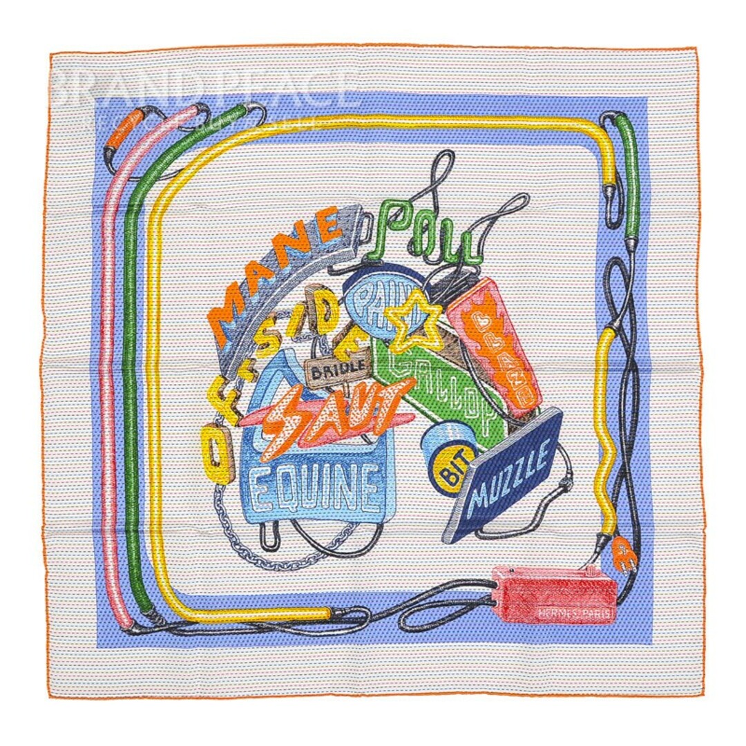 エルメス カレ70 スカーフ シュバロスコープネオン 刺繍 ホワイト/ブルー/ヴ
