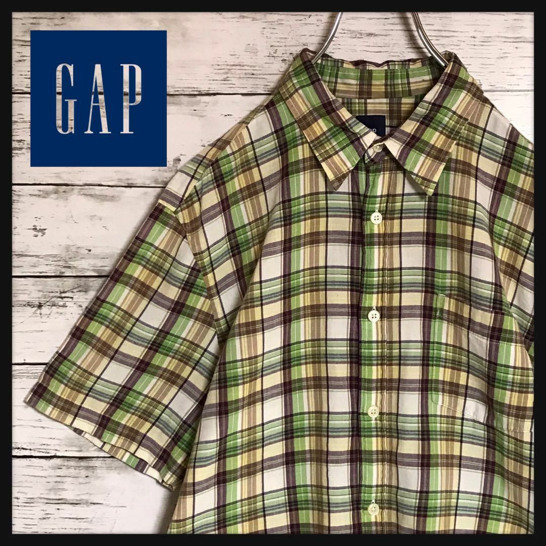 GAP(ギャップ)の【人気グリーン】ギャップ　ポケット付き半袖チェックシャツ　美品　E749 メンズのトップス(シャツ)の商品写真