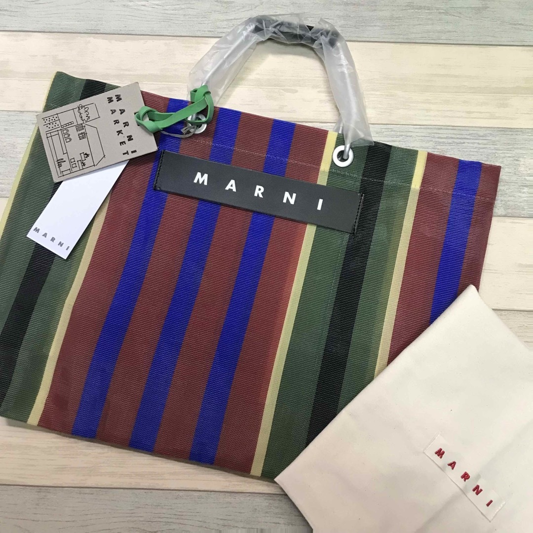 MARNI マルニフラワーカフェ ストライプバッグ トートバッグ モス ...