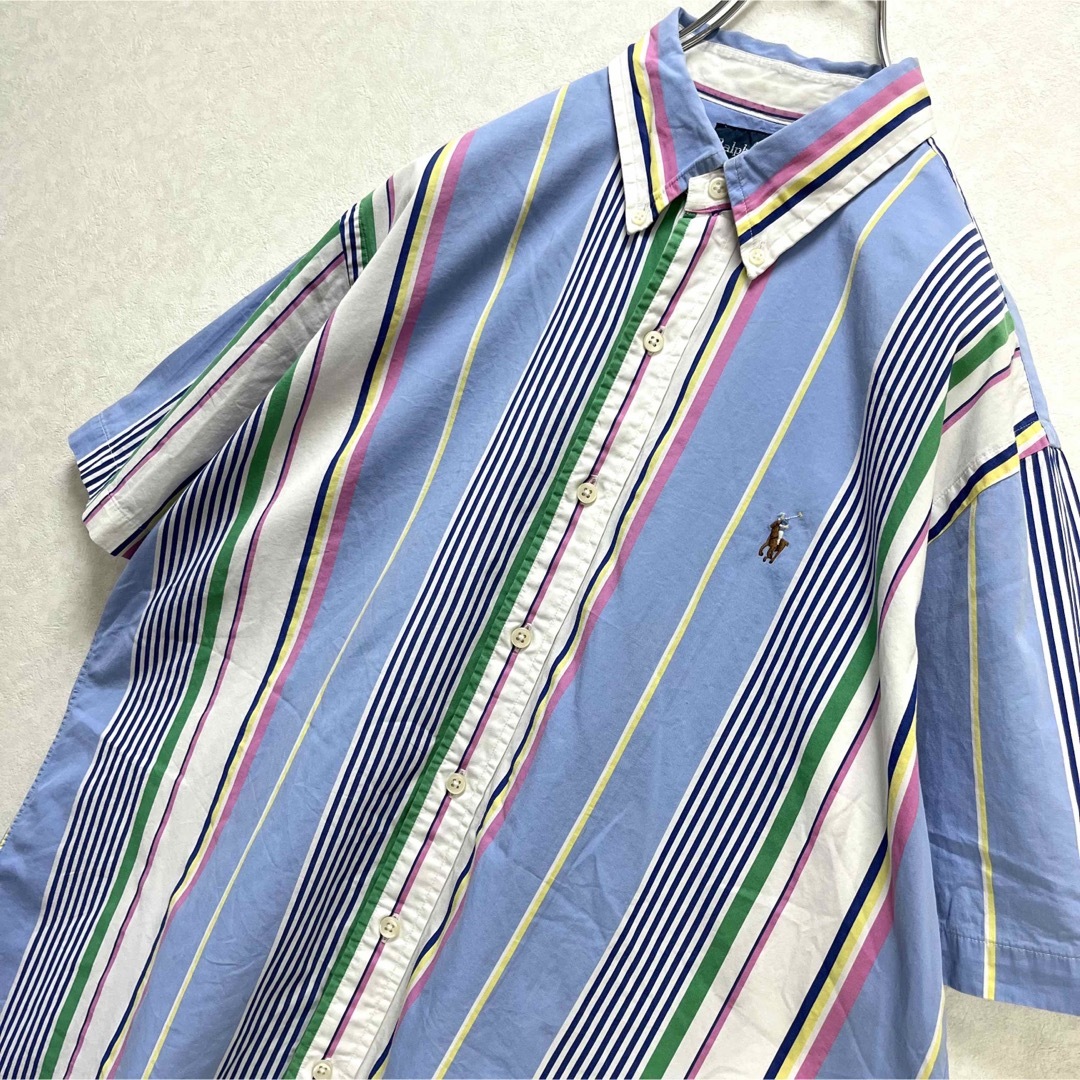 ラルフローレン BDシャツ 半袖 ブルーストライプ マルチポニー刺繍 L