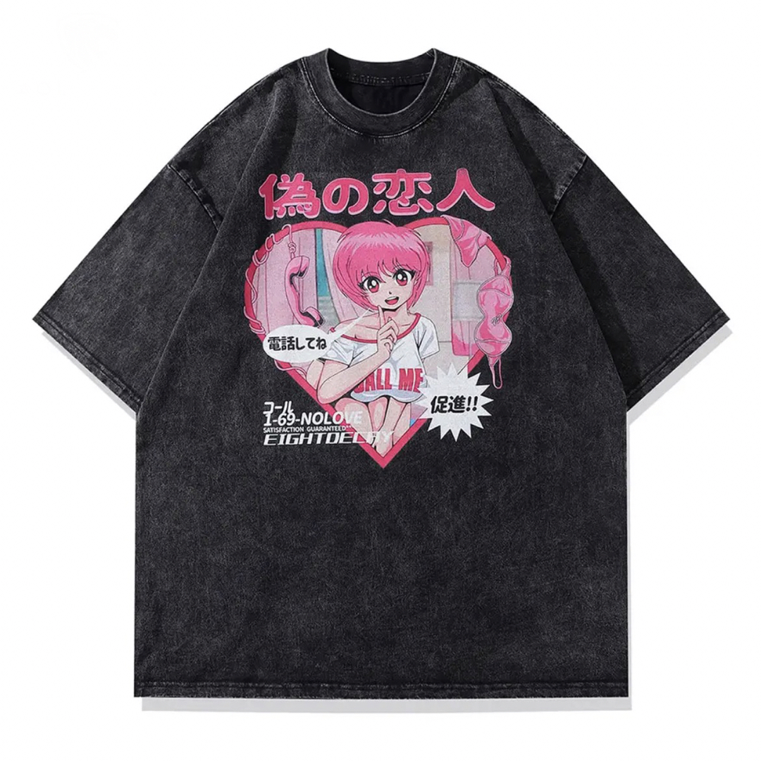 オーバーサイズ レトロアニメ風　可愛い女の子　偽の恋人Tシャツ メンズのトップス(Tシャツ/カットソー(七分/長袖))の商品写真