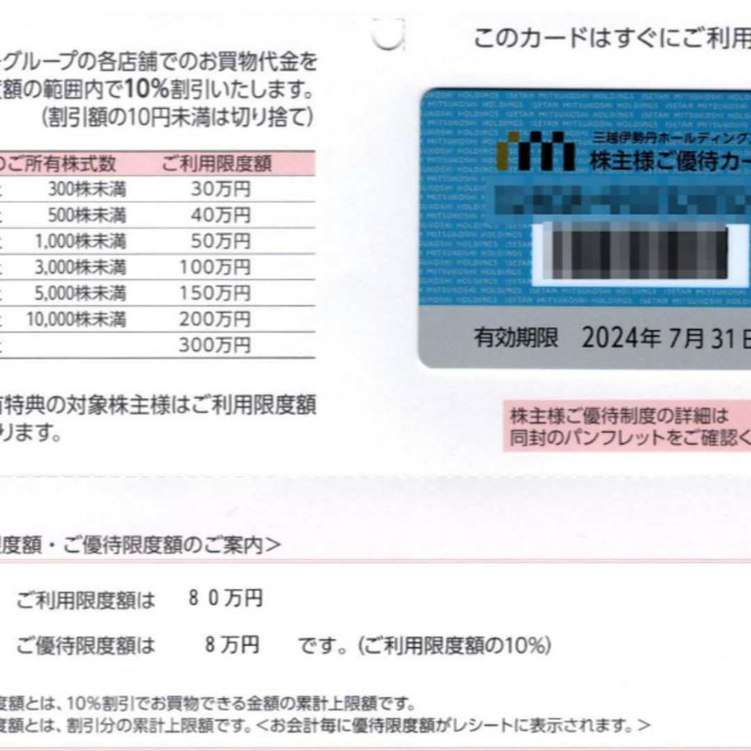 [限度額80万円]三越伊勢丹HD 株主優待カード 10%割引