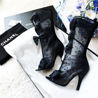 CHANEL ブーティ メッシュ 37 シャネル ブラック ショートブーツ | www