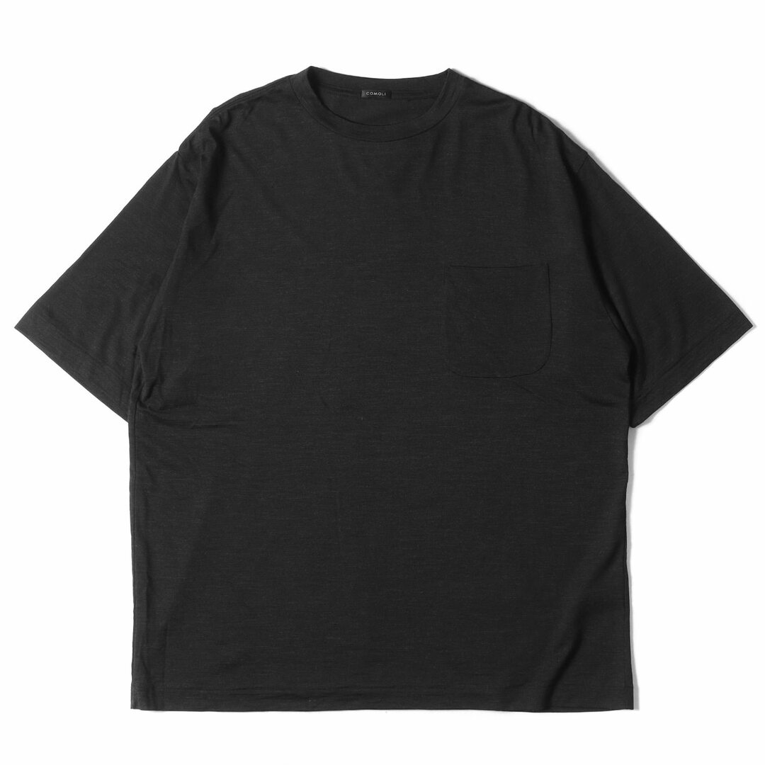 COMOLI コモリ Tシャツ サイズ:3 22SS ウール 天竺 ボーダー クルーネック Tシャツ V01-05007 ポケット付き チャコール 日本製 トップス カットソー 半袖  【メンズ】