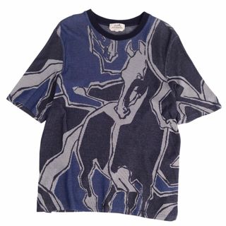 極美品 エルメス HERMES Tシャツ カットソー 半袖 ショートスリーブ 21SS Dance of Horses Light 馬柄 鹿の子  トップス メンズ L ネイビー