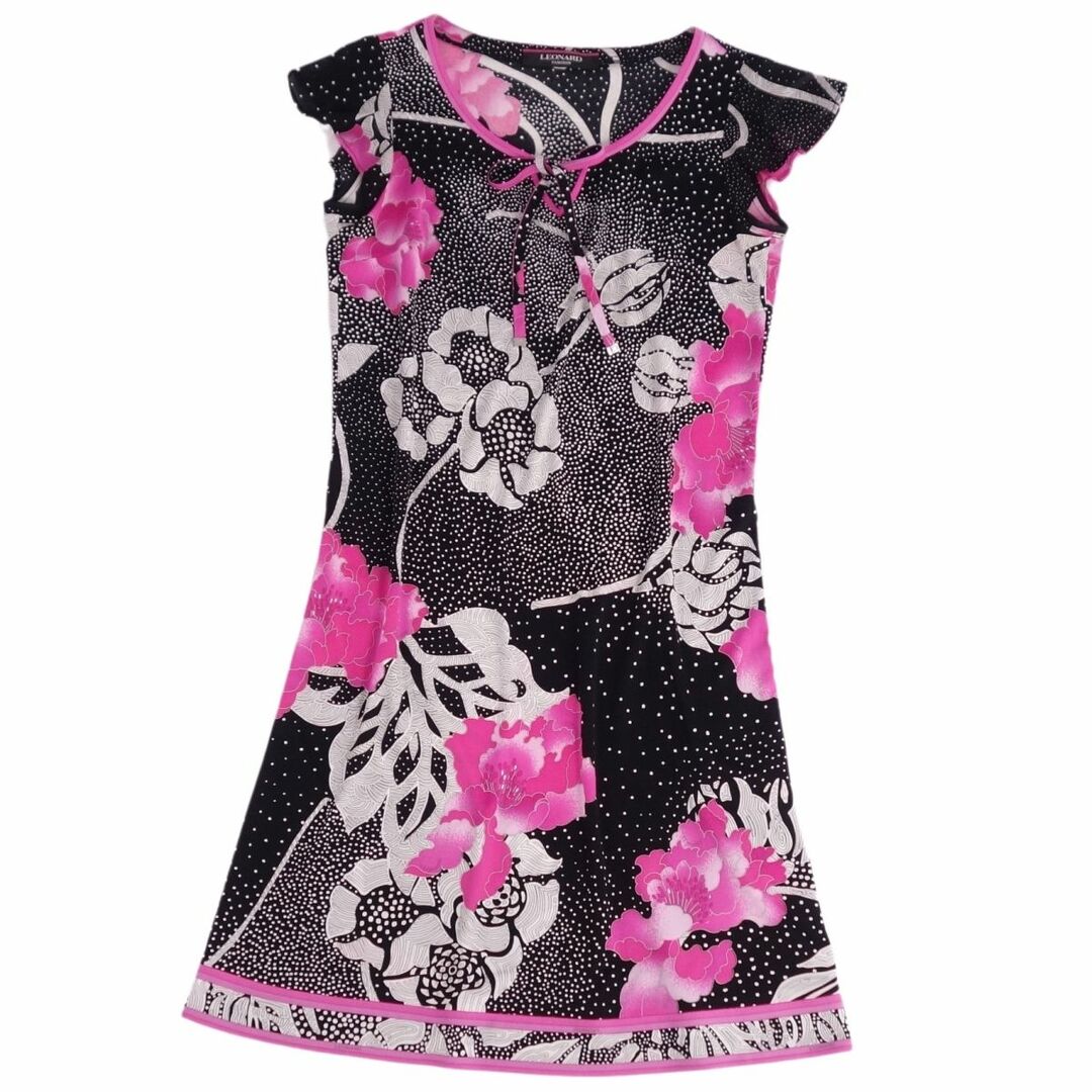 美品 レオナール LEONARD FASHION ワンピース ドレス フレンチスリーブ 花柄 ジャージー トップス レディース 34(S相当) ブラック/ピンク