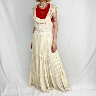 ガニーサックス(GUNNE SAX)の古着 70年代 ガンネサックス GUNNE SAX オフショル マキシ丈 ノースリーブ フレアワンピース USA製 レディースL ヴィンテージ /eva000504(その他)