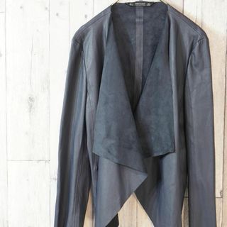 ザラ(ZARA)のZARA BASIC ノーカラーフェイクレザージャケット ネイビーL(ライダースジャケット)