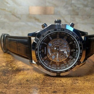 新品 彫スケルトンUnraion 腕時計 レザー ラグジュアリーステンレス 黒(腕時計(アナログ))