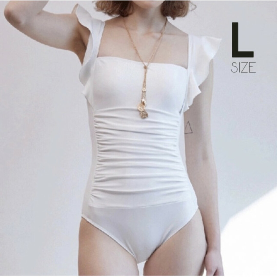 バックオープン フリル スイムウェア L ホワイト 白 新品未使用 美品 綺麗 レディースの水着/浴衣(水着)の商品写真