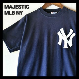 マジェスティック(Majestic)の古着★MLB NYニューヨークヤンキース ジーター 両面ロゴ 紺ネイビーTシャツ(Tシャツ/カットソー(七分/長袖))