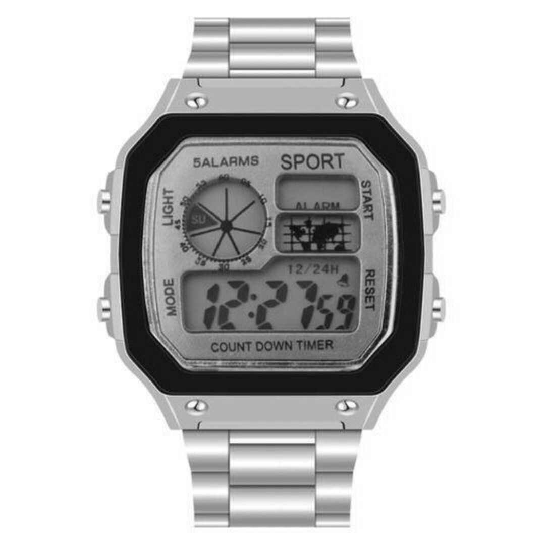 T282 スクエア腕時計 LED デジタル カレンダー 防水 アラーム シルバー メンズの時計(腕時計(デジタル))の商品写真