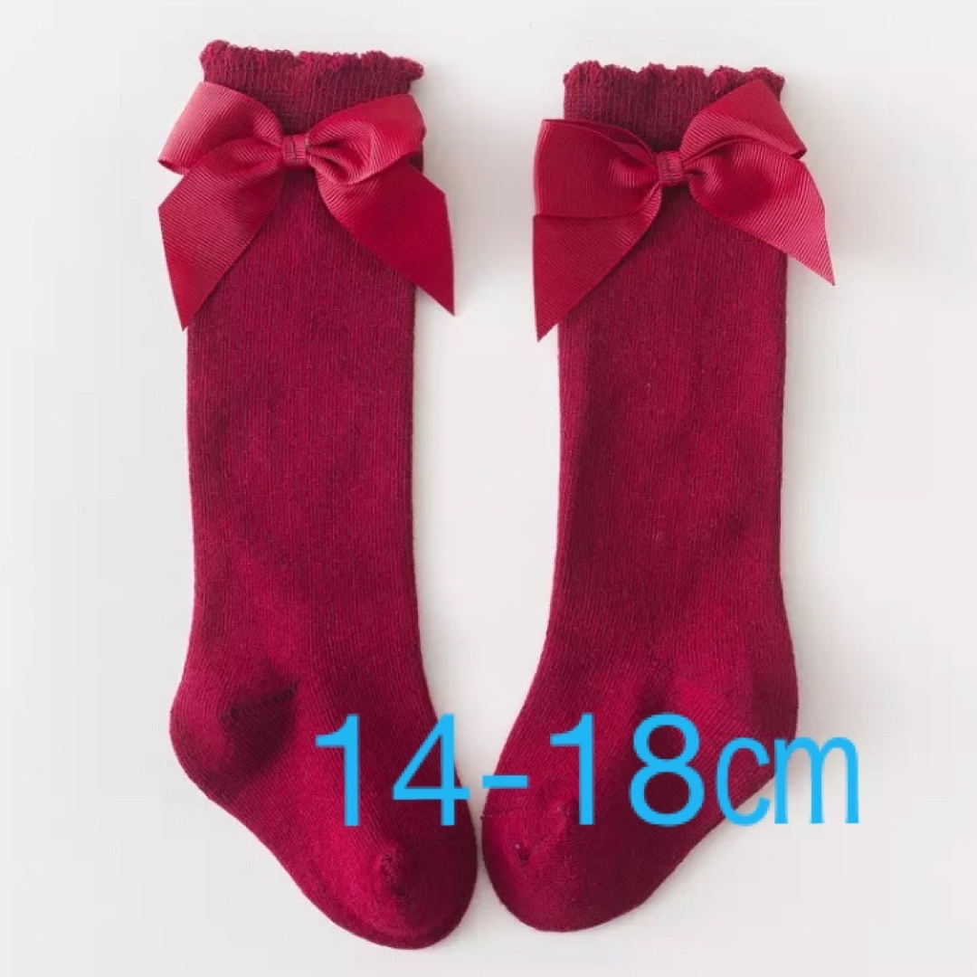 ハイソックス　14-18㎝ 赤　レッド　リボン付き キッズ/ベビー/マタニティのこども用ファッション小物(靴下/タイツ)の商品写真