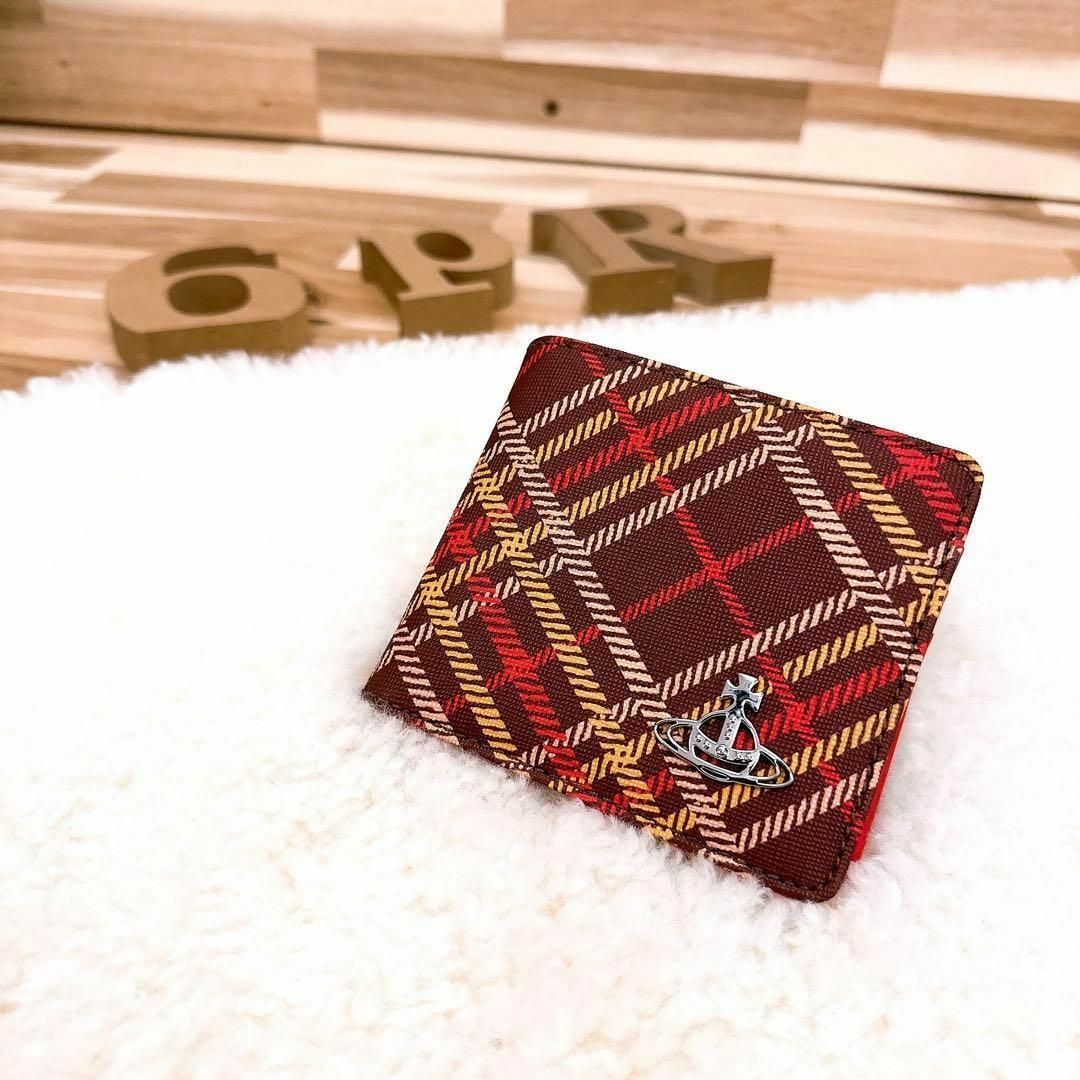ヴィヴィアンウエストウッド】タータンチェック 二つ折り財布 DERBY 茶×赤-