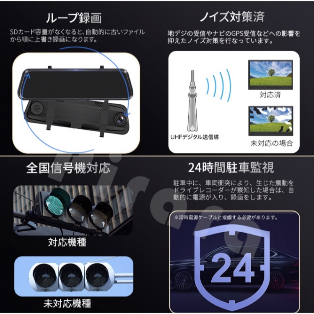 D15 PRO ミラー型ドライブレコーダー9.66インチ前後録画1296P