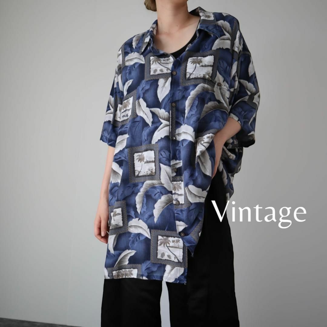 【vintage】ヤシの木 リーフ 総柄 ルーズ とろみ 半袖シャツ 紺 3XL