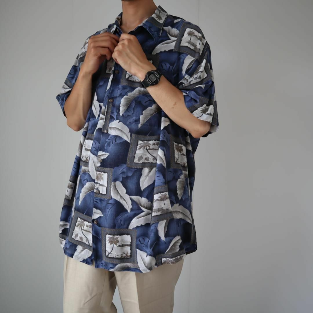 【vintage】ヤシの木 リーフ 総柄 ルーズ とろみ 半袖シャツ 紺 3XL 3
