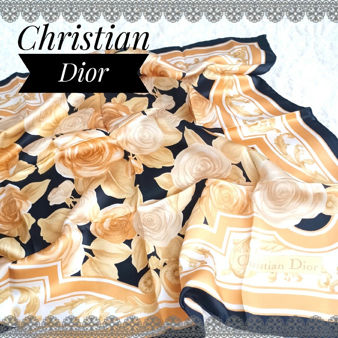 美品! Christian Dior ディオール♡ローズ 薔薇柄 シルクスカーフ ...