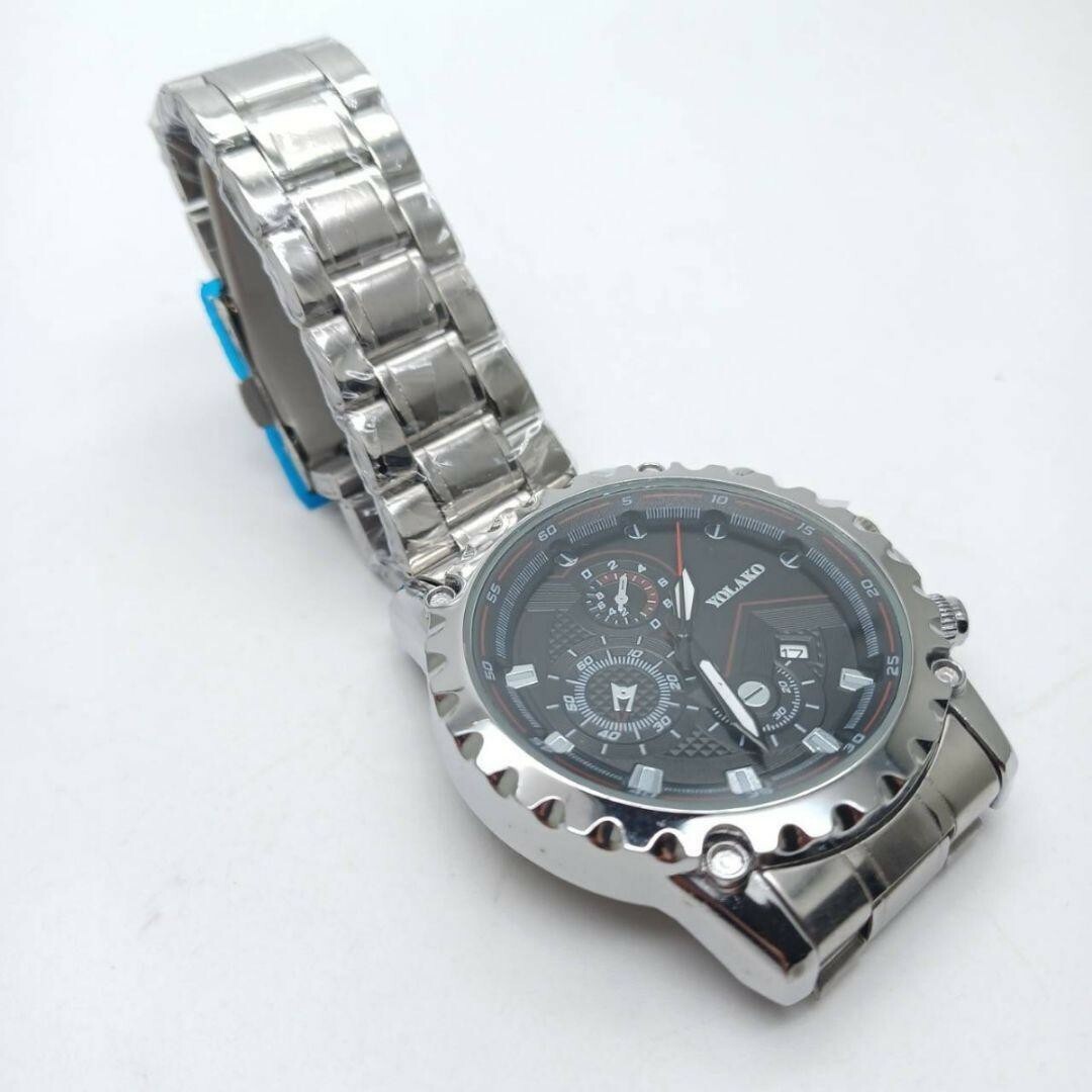 T398 新品 クロノグラフ YOLAKO 腕時計ステンレス シルバー×ブラック メンズの時計(腕時計(アナログ))の商品写真