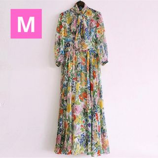 ドレス 花柄 シフォン シアー カラフル ロング ワンピース パーティ