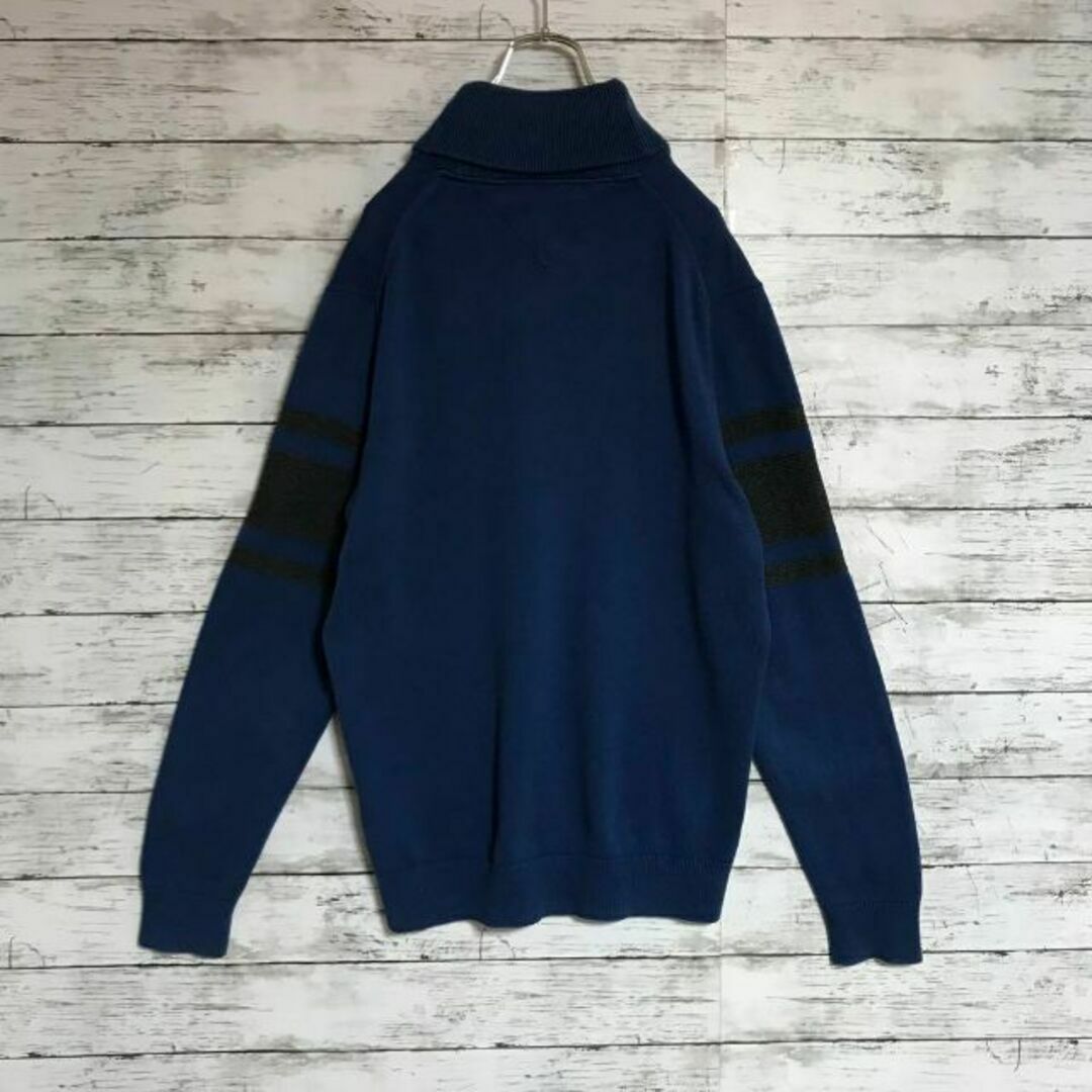 【美品】トミーヒルフィガー⭐︎刺繍ロゴ入りセーター　袖ライン　紺　人気　F35