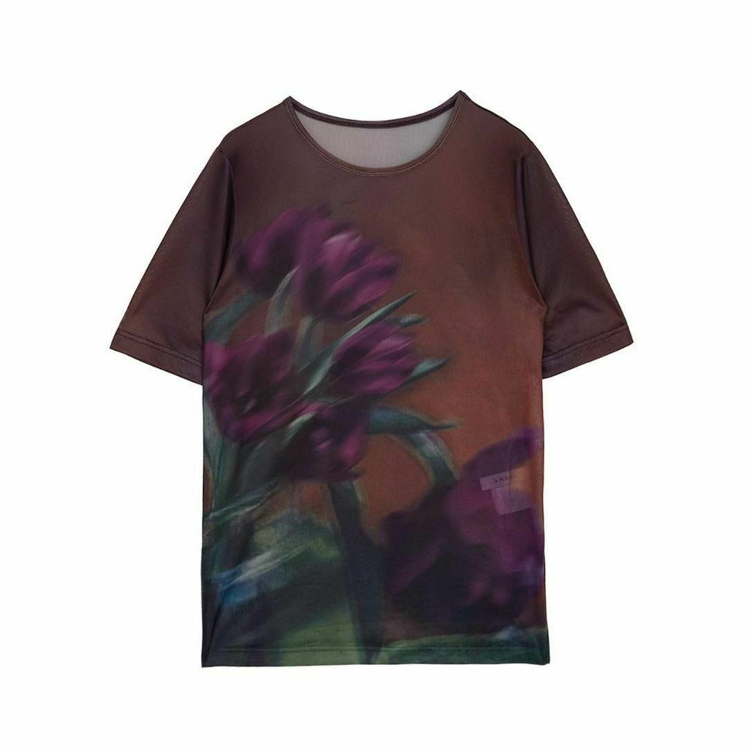 Ameri VINTAGE(アメリヴィンテージ)の完売 AMERI SHEER FLOWERBASE PRINT TOP ボルドー レディースのトップス(Tシャツ(半袖/袖なし))の商品写真