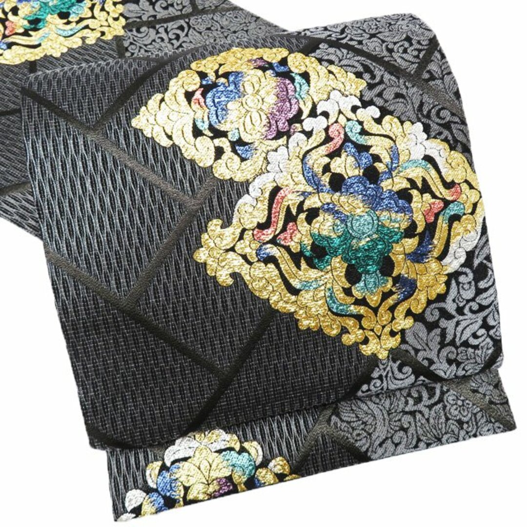 半幅帯 美品 優品 花喰鳥 金糸 黒 正絹 当っ 【中古】 半幅帯 美品 優品 花喰鳥 金糸 黒 正絹 当っ 【中古】